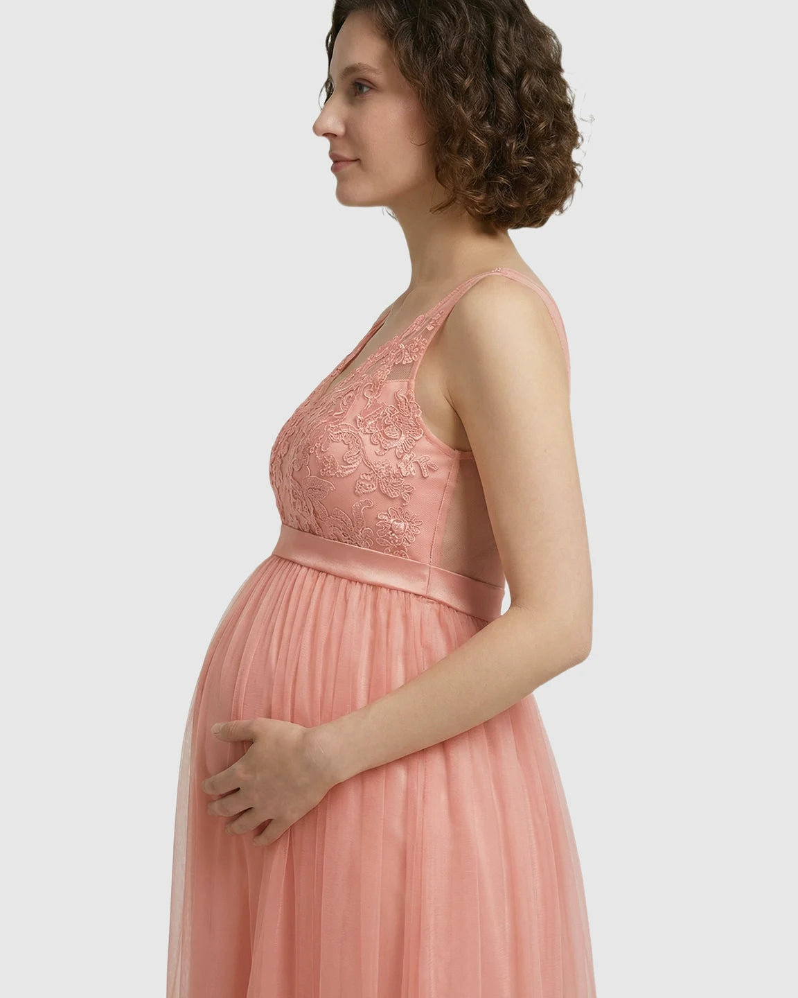 Lace-Trim Tulle Maternity Maxi Dress