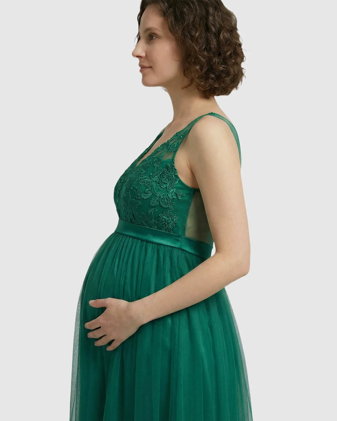 Lace-Trim Tulle Maternity Maxi Dress
