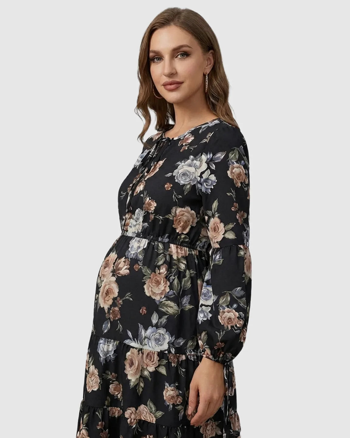 Floral Tiered Hem Boho Maternity Midi Dress