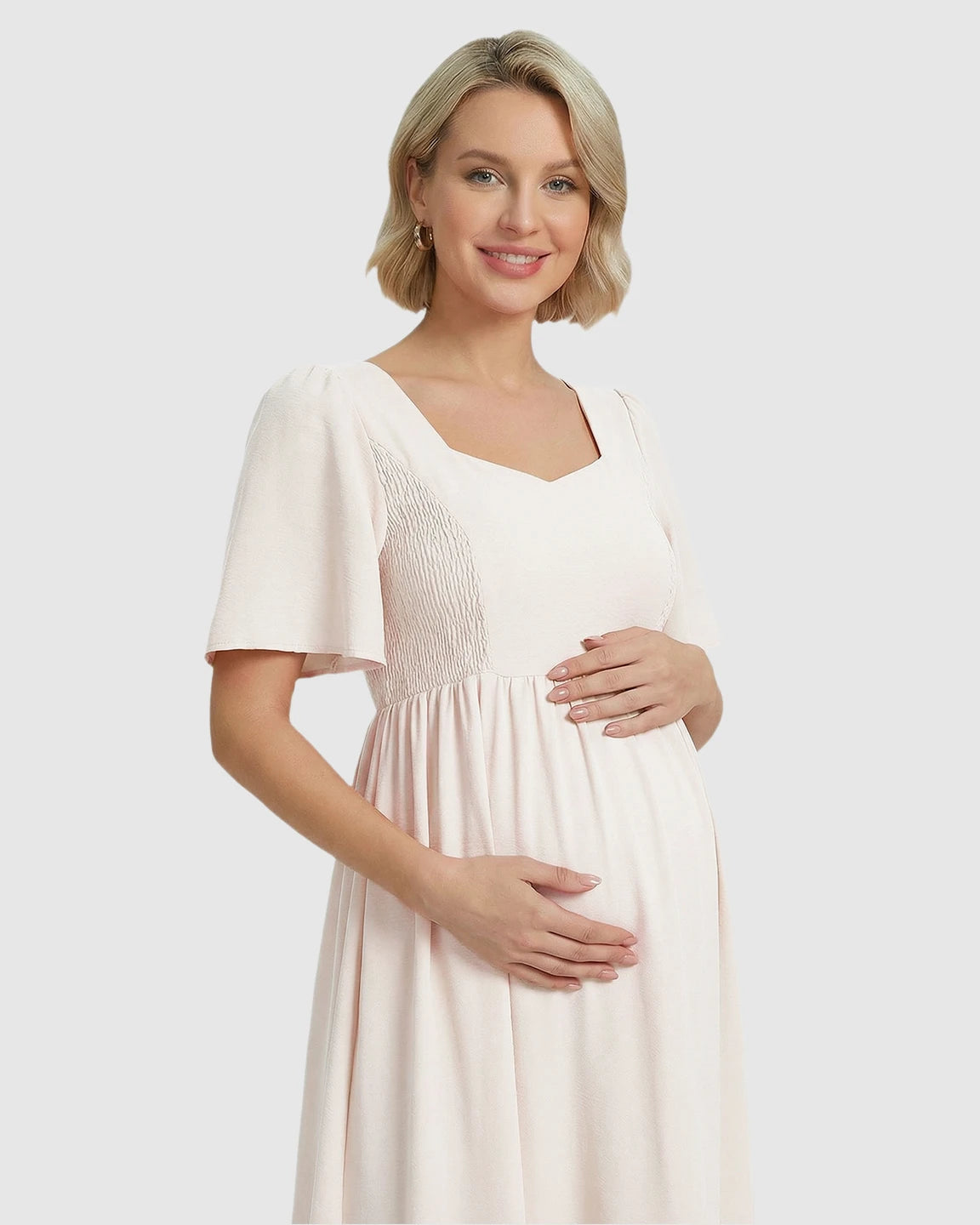 Shirred Ruffle Sleeve Swing Maternity Midi Dress