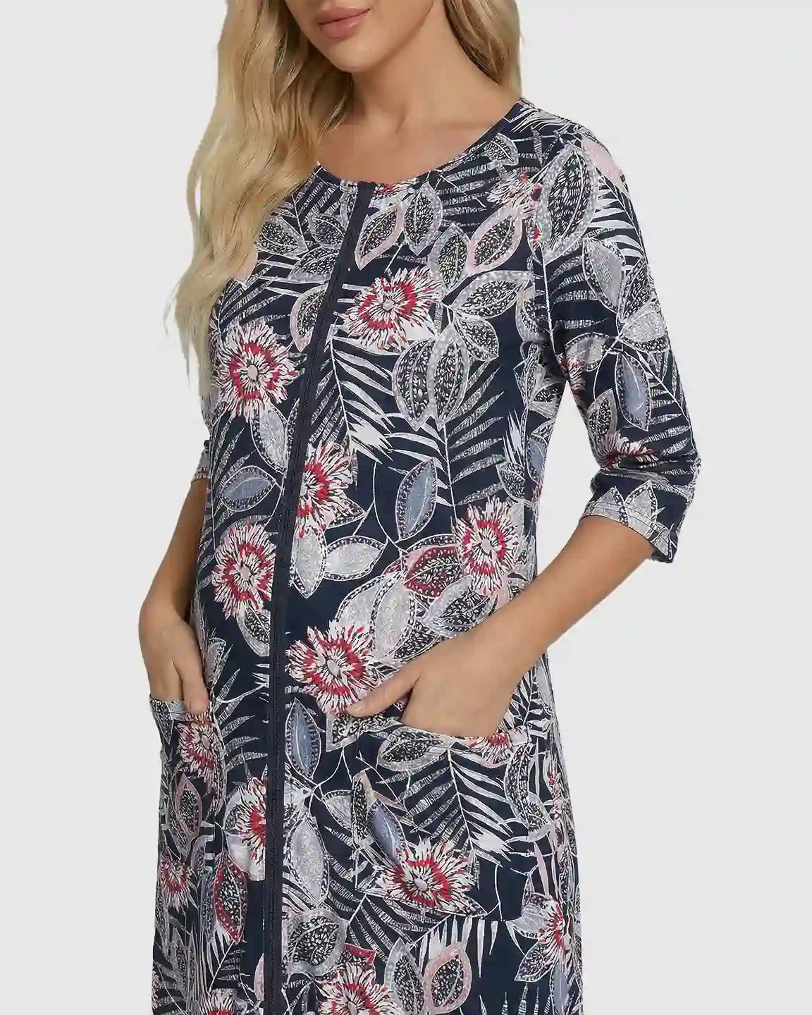Full Front Zipper Floral Maternity Nursing Lounge Dress