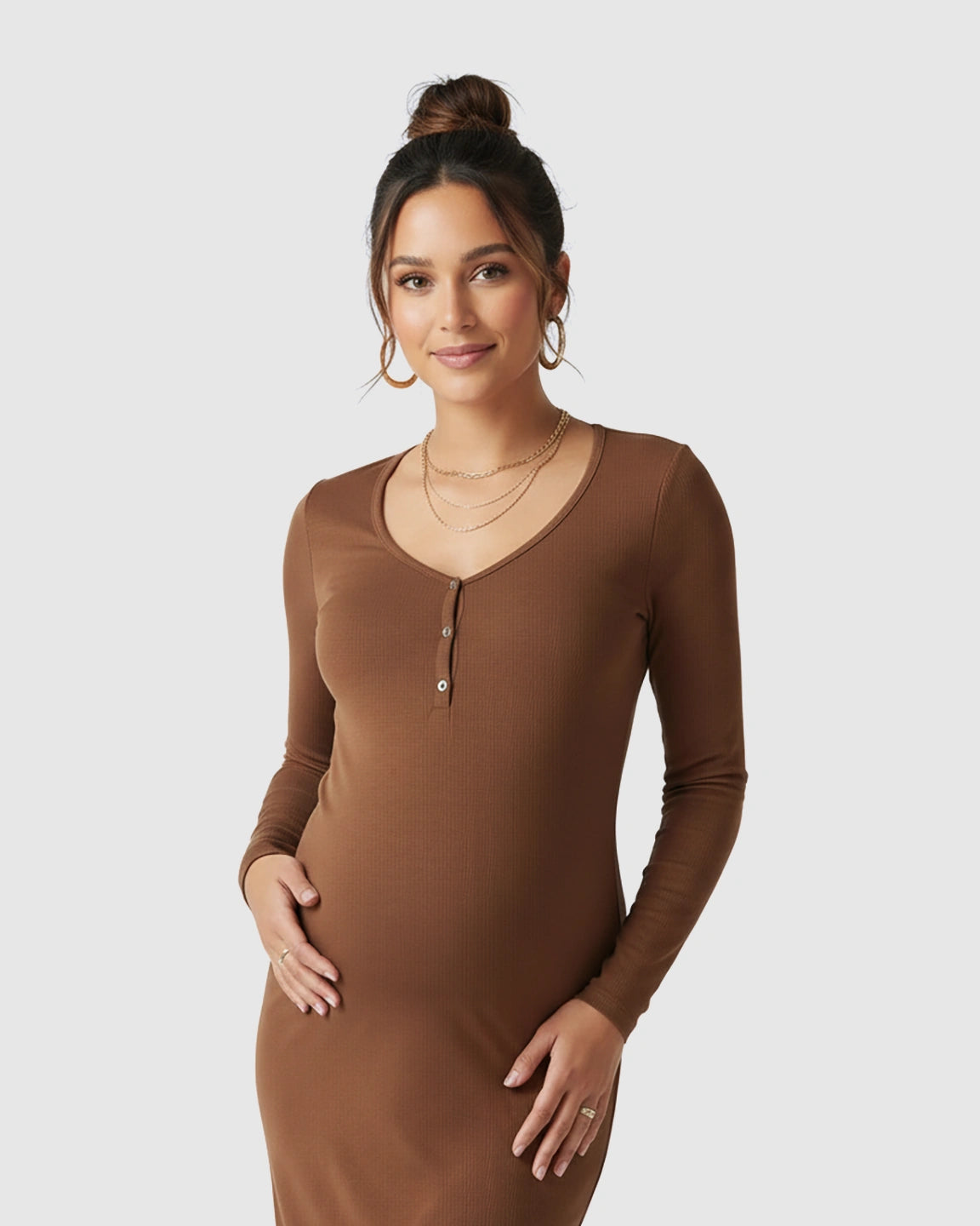 Ribbed Knit Long-Sleeve Maternity Midi Dress