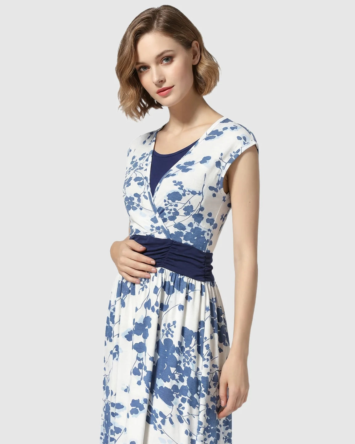 Crossover V-Neck Floral A-Line Maternity Midi Dress