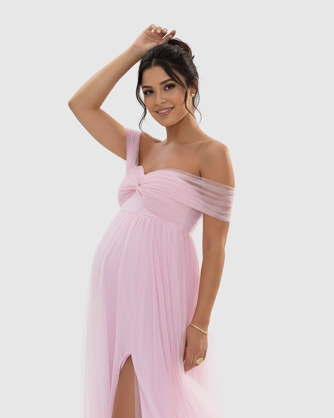 Ruched Off-Shoulder Front Slit Maternity Maxi Dress
