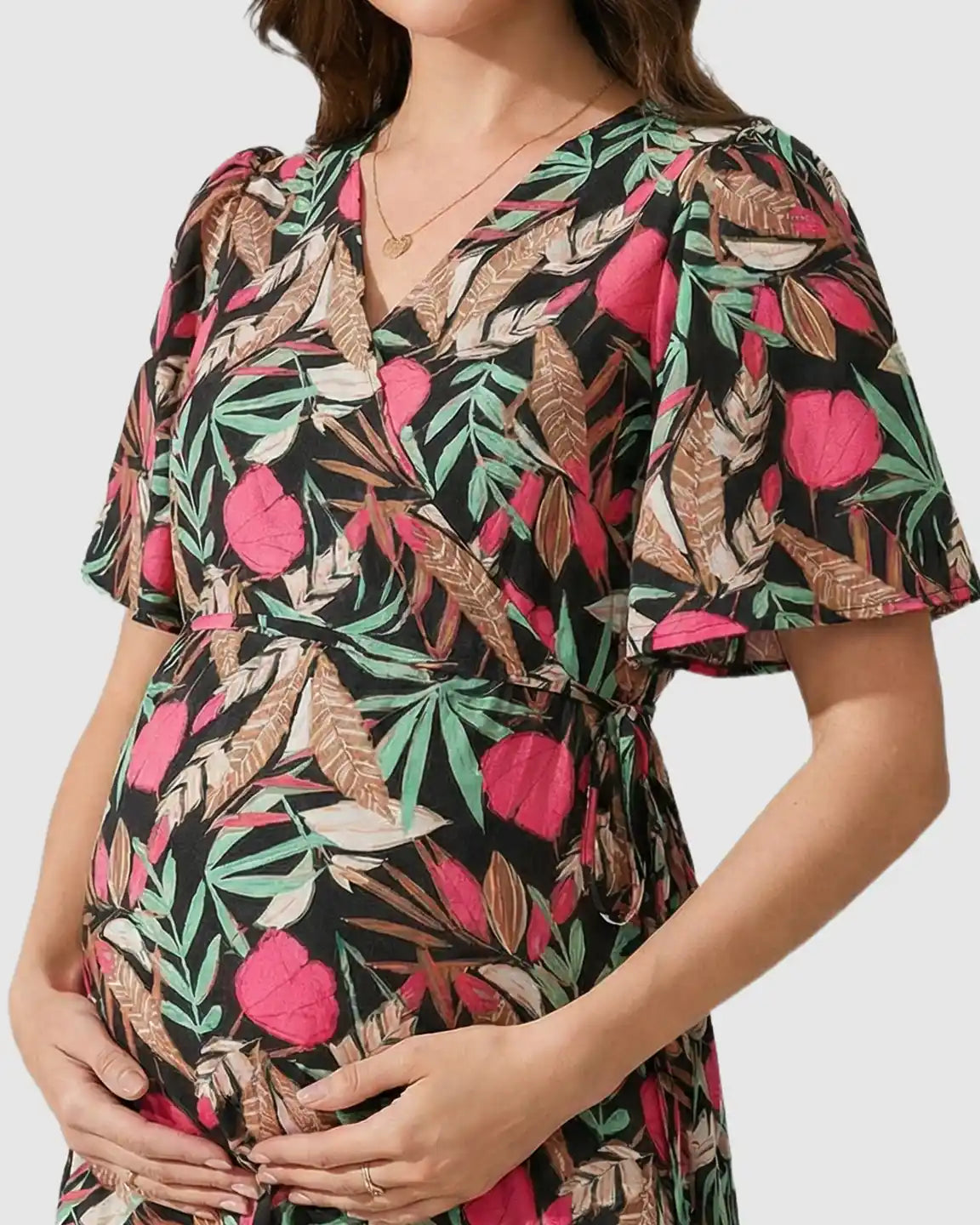 Tropical Print Tie-Waist Flowy Maternity Midi Dress