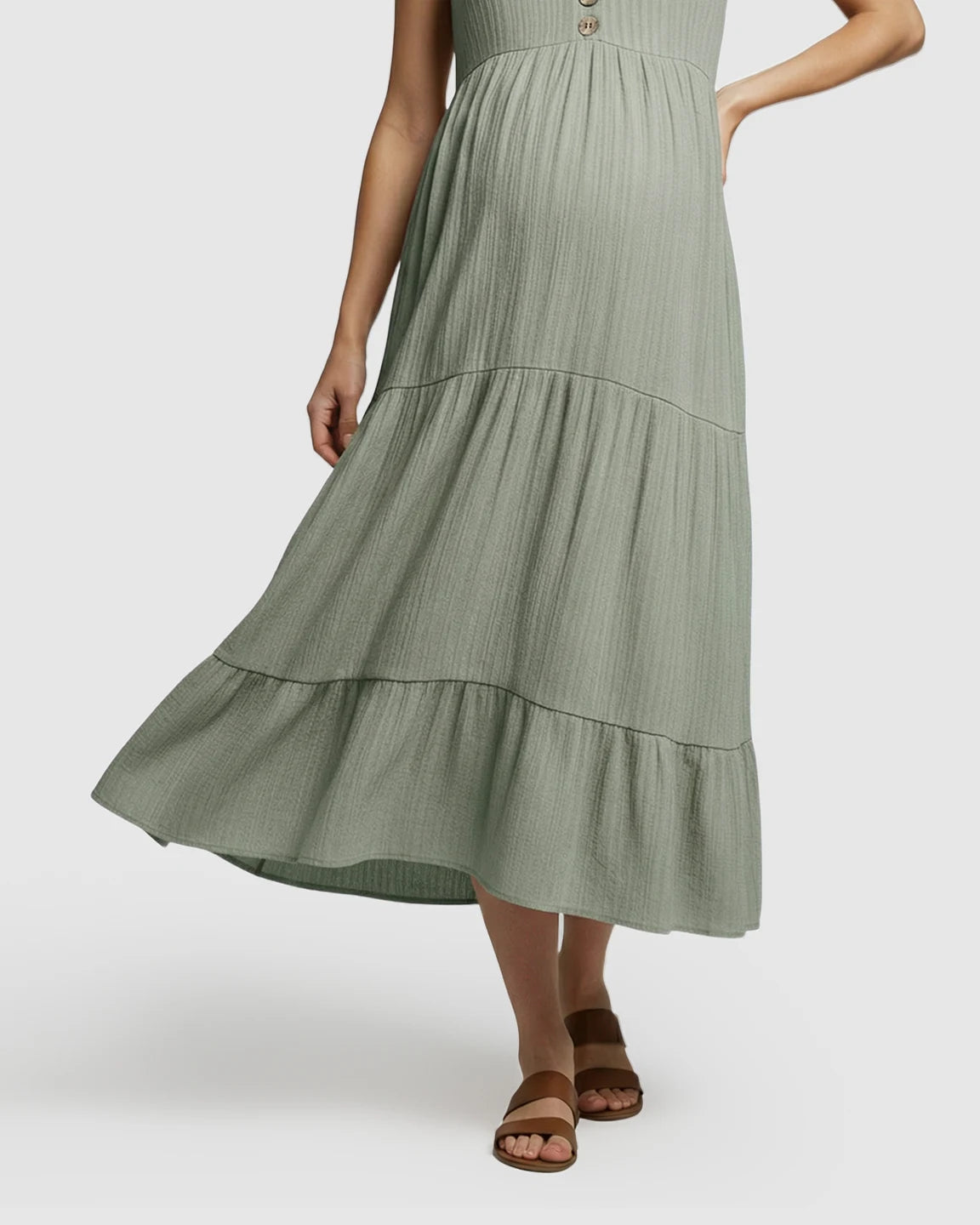 Button-Front Detail Tiered Maternity Midi Dress