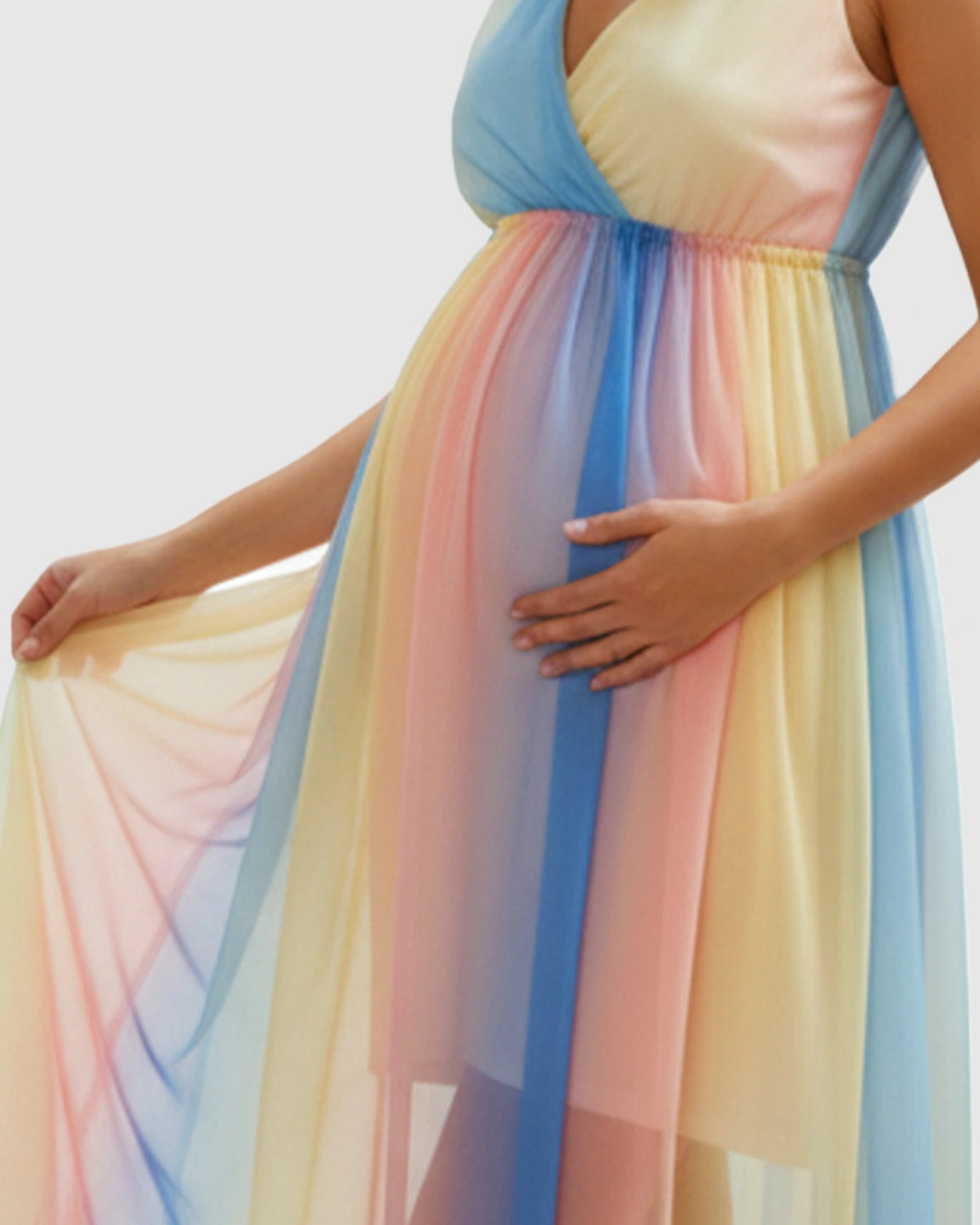 Deep V-Neck Rainbow Chiffon Maternity Maxi Dress