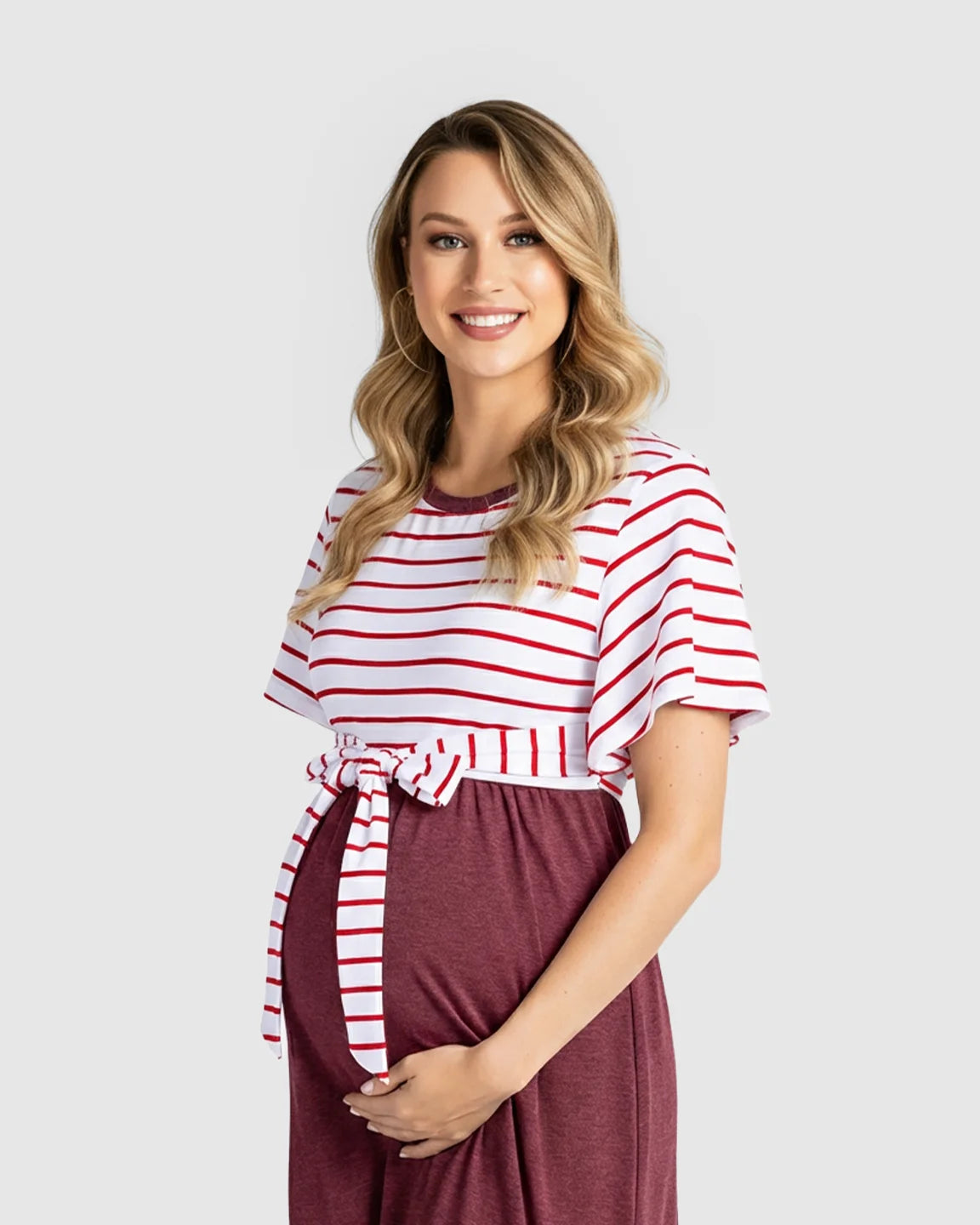 Striped Tie-Waist Casual Maternity Midi Dress