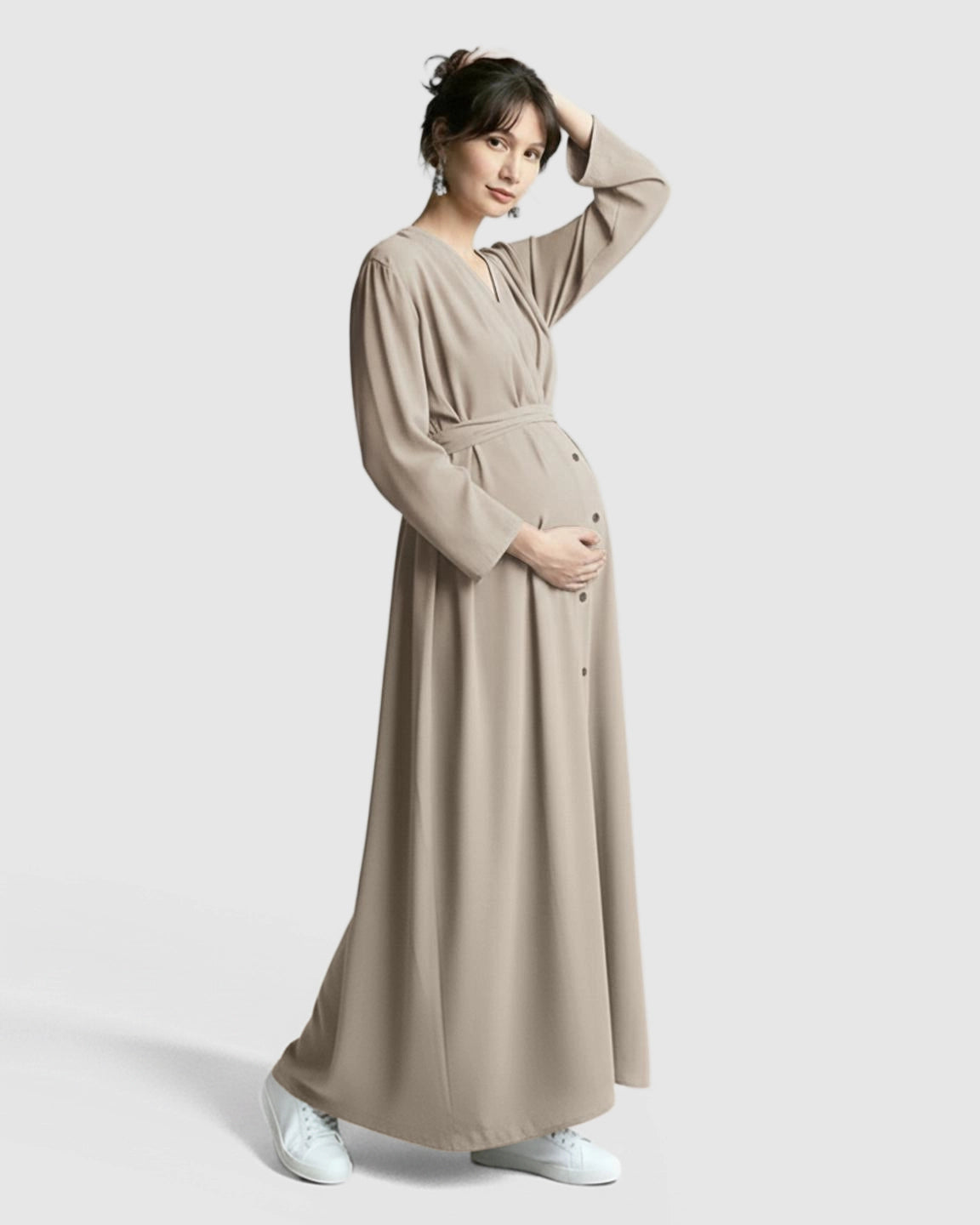 Long Sleeve V-Neck Maternity Maxi Dress with Adjustable Waist