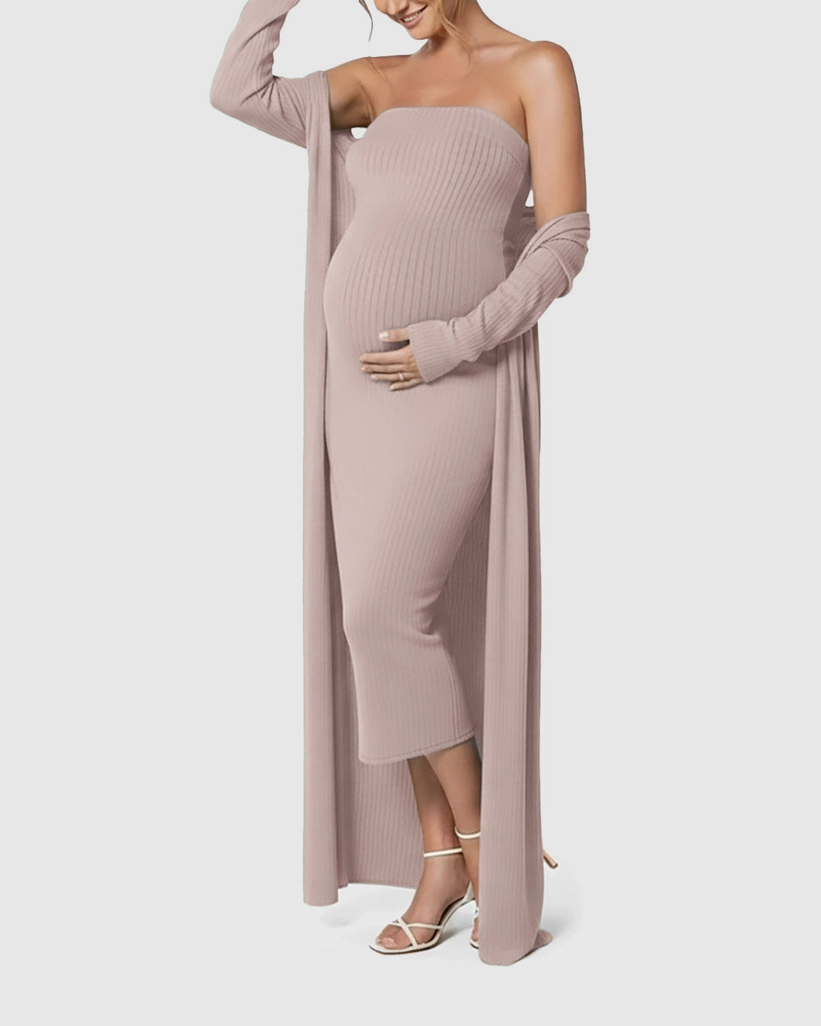 Elegant Ribbed Two-Piece Maternity Dress with Cardigan