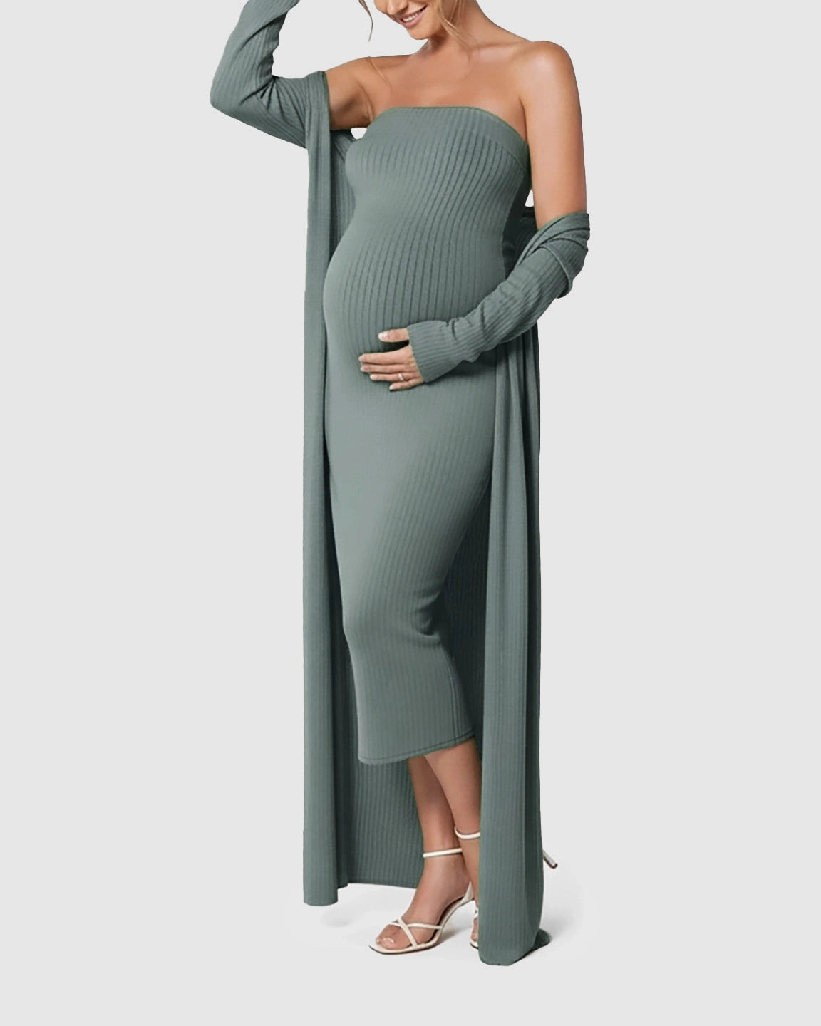 Elegant Ribbed Two-Piece Maternity Dress with Cardigan