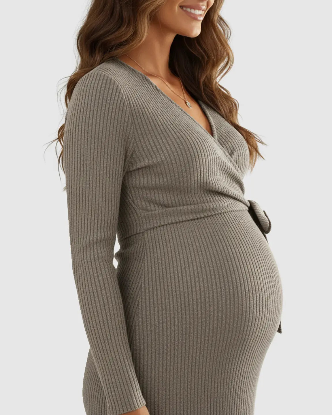 Ribbed Knit Wrap Nursing Midi Dress