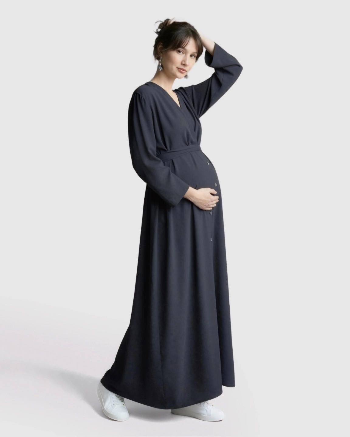 Long Sleeve V-Neck Maternity Maxi Dress with Adjustable Waist