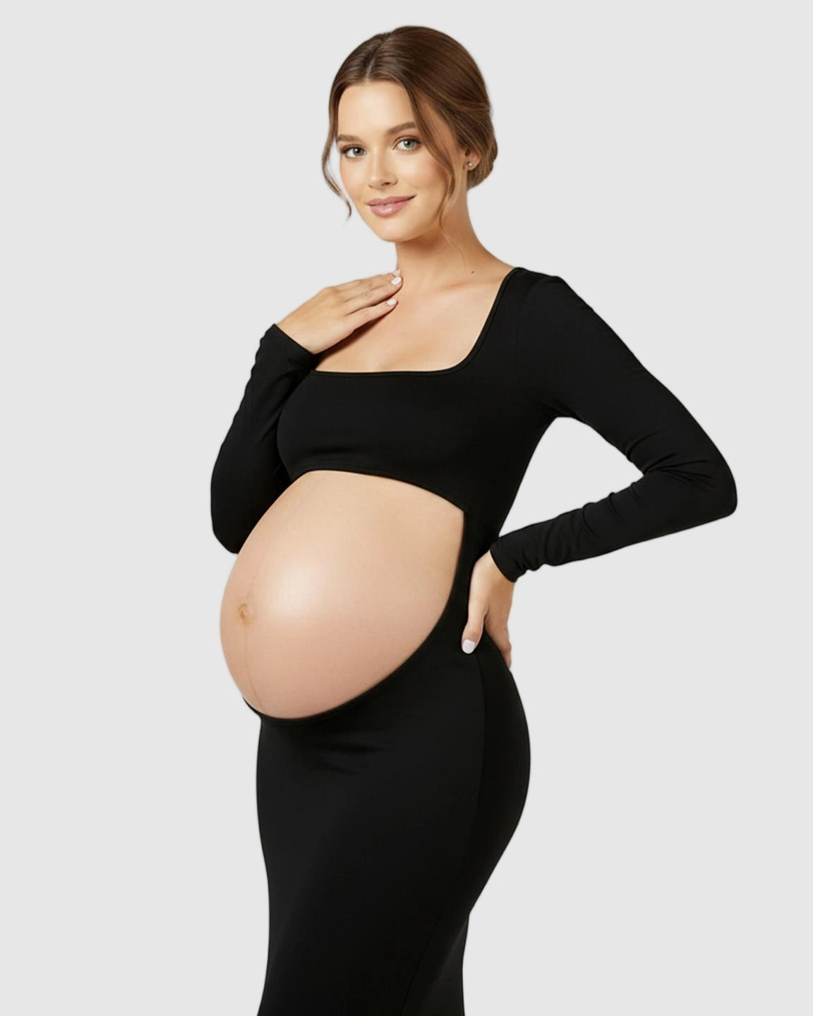 Belly-Cutout Bodycon Long Sleeve Maternity Maxi Dress