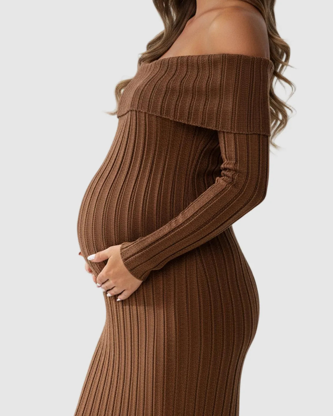 Ribbed Off-Shoulder Bodycon Maternity Midi Dress with Side Slit