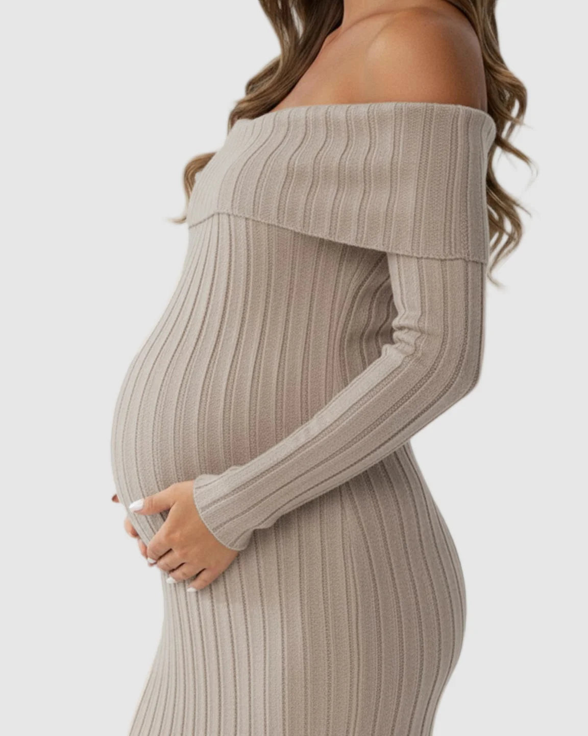 Ribbed Off-Shoulder Bodycon Maternity Midi Dress with Side Slit
