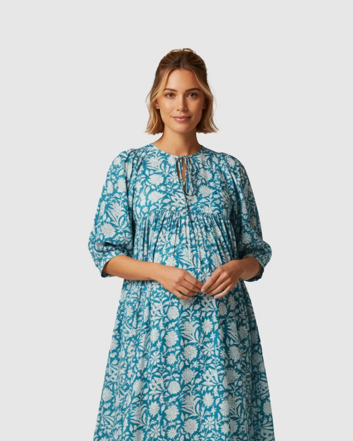 Puff-Sleeve Bohemian Maternity Midi Dress