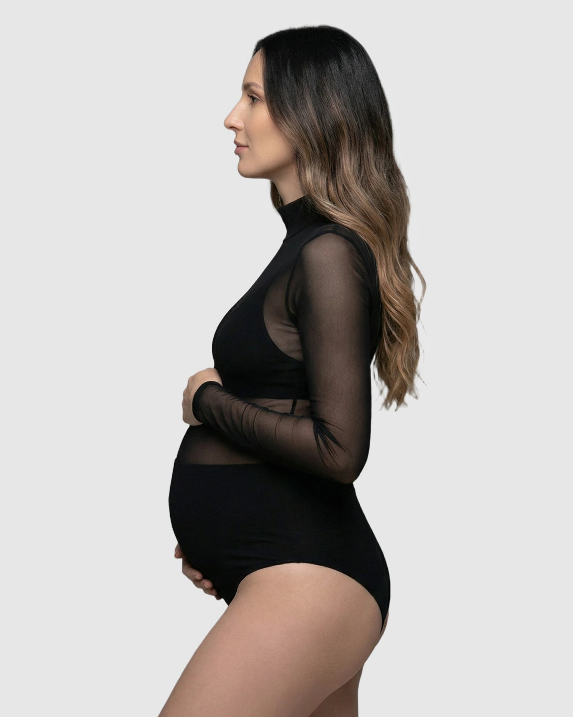 Long-Sleeve Sheer Mesh Bodycon Maternity Photoshoot Bodysuit