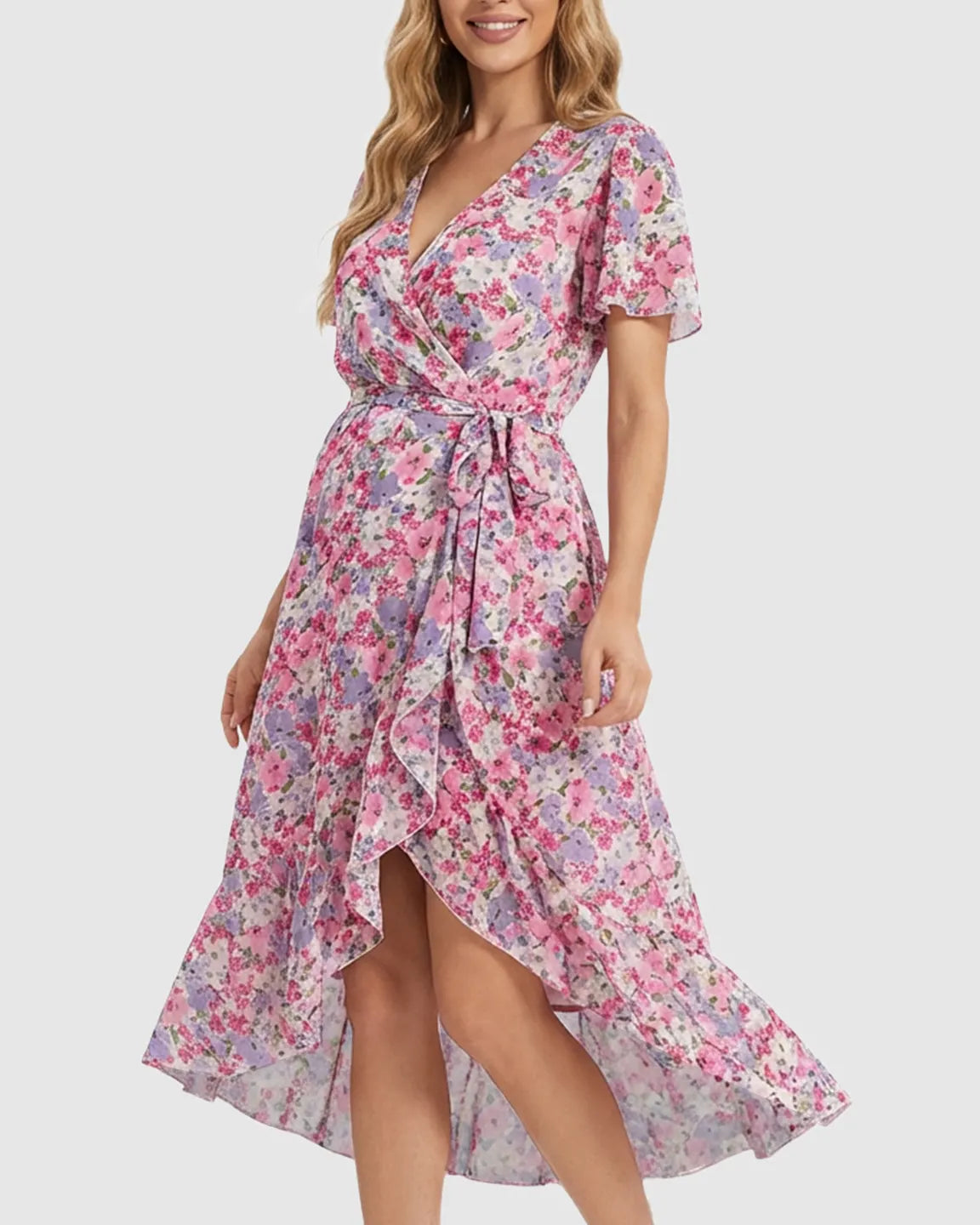 Floral V-neck Ruffled Hem Maternity Midi Dress