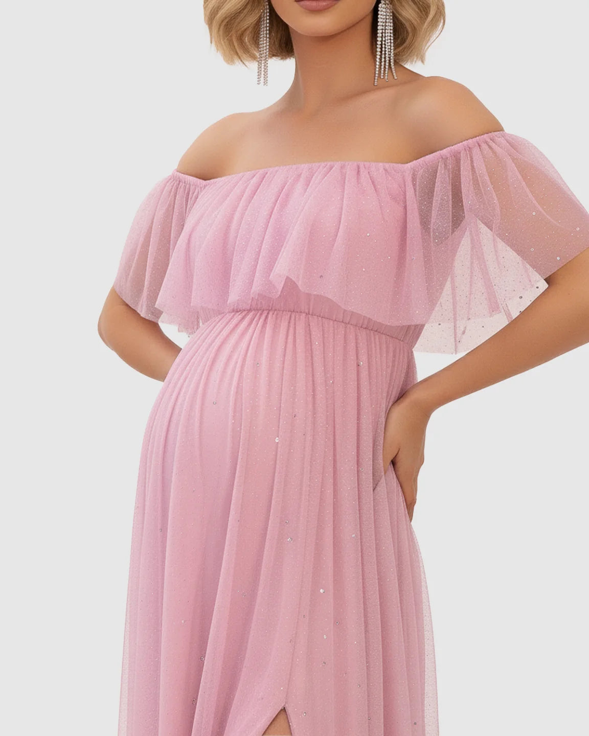 Off-Shoulder Mesh Empire Waist Maternity Maxi Dress