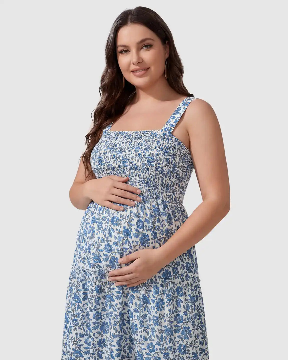 Smocked Floral A-Line Maternity Midi Dress
