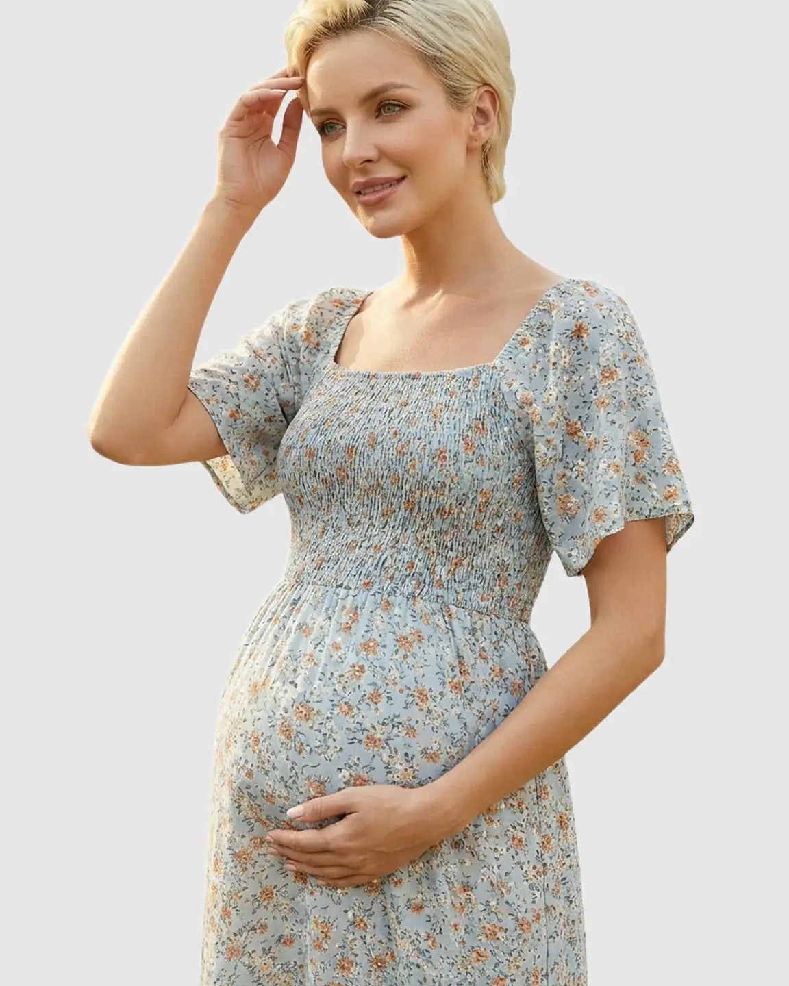 Smocked Bodice Square Neck Maternity Midi Dress