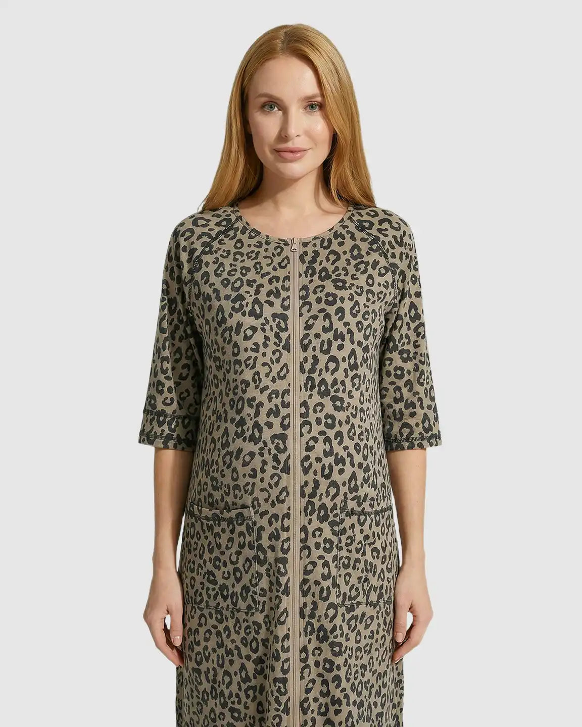 Front Zipper Leopard Print Maternity Nursing Lounge Dress