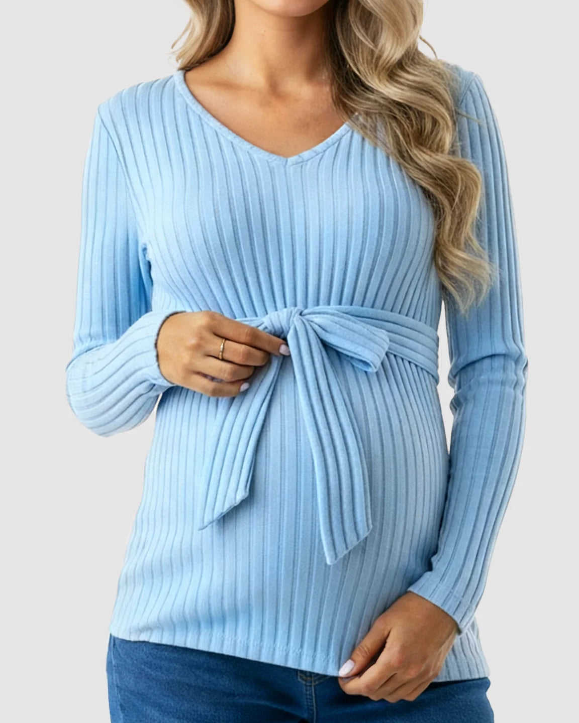 Soft Ribbed Knit Belted Long Sleeve Maternity Top