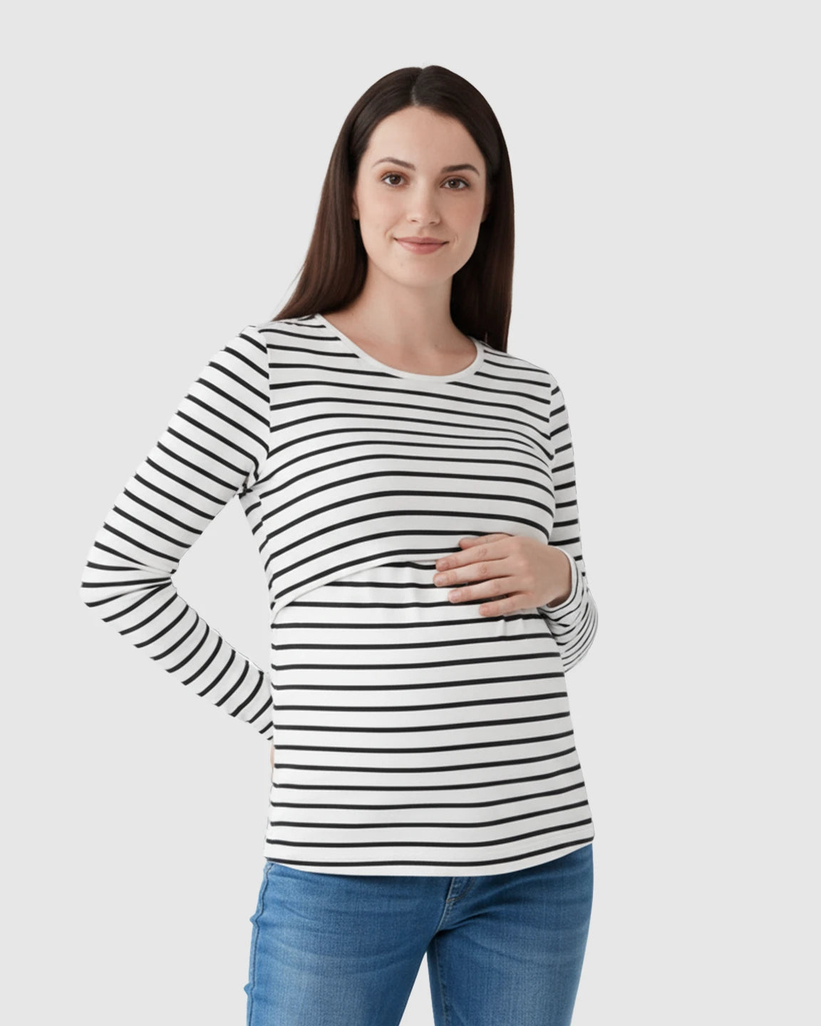Round Neck Striped Print Maternity & Nursing Top