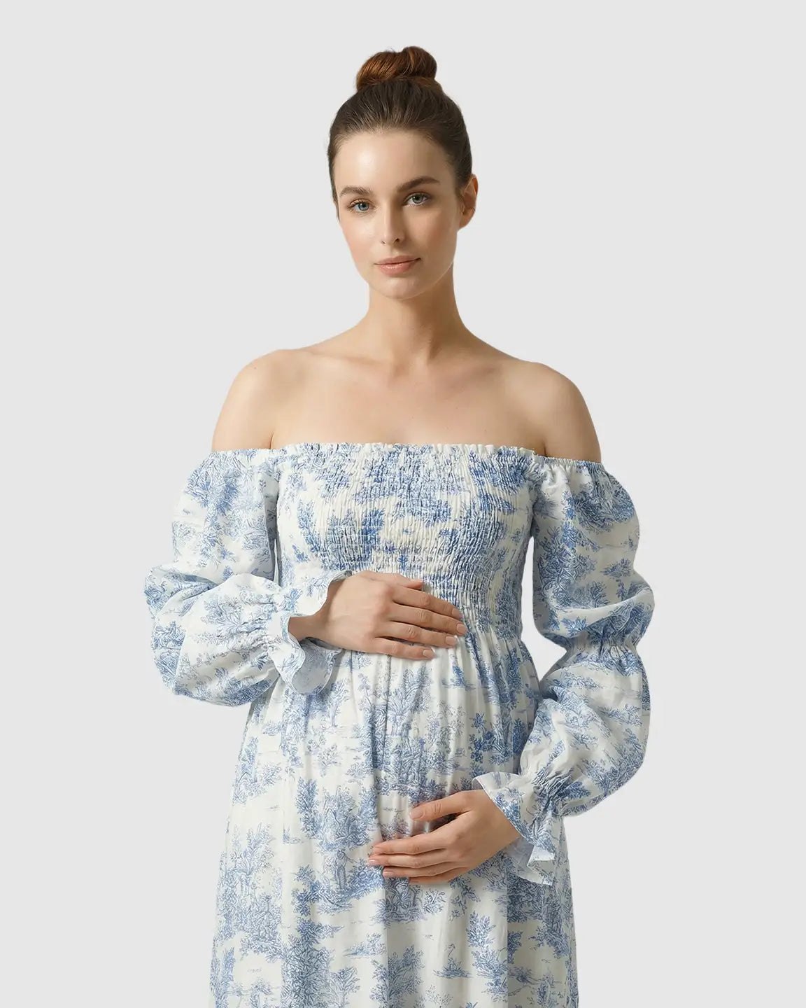 Puff Sleeves Floral Tiered Maternity Maxi Dress