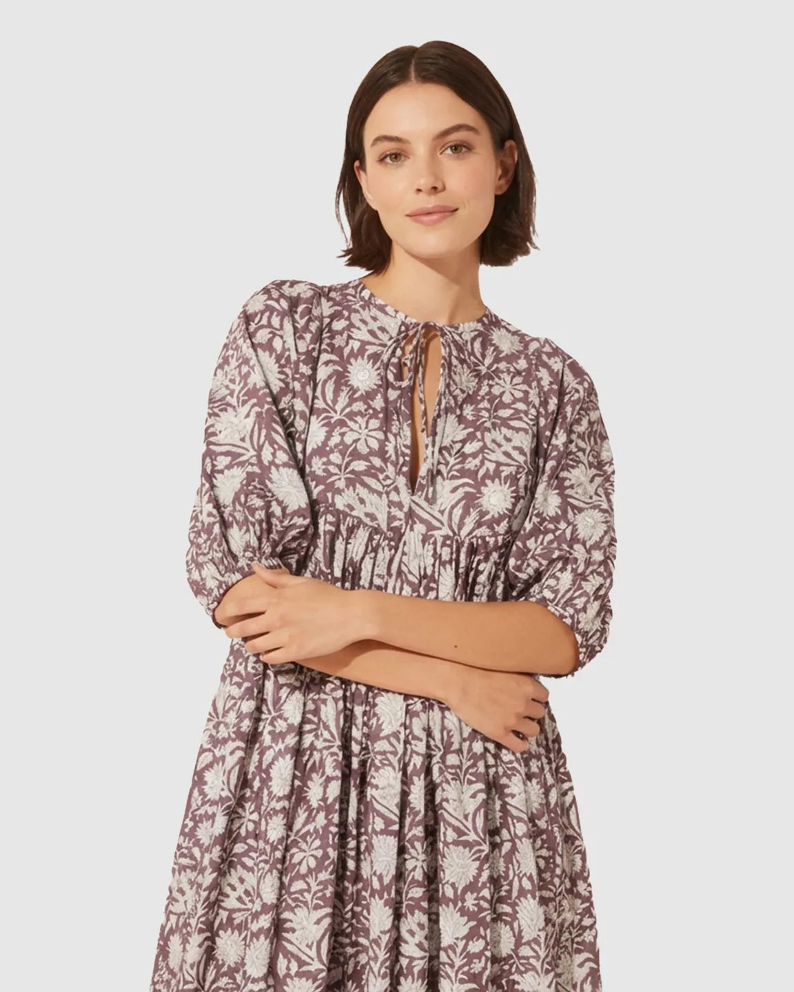 Knot Neckline Puff Sleeve Maternity Midi Dress