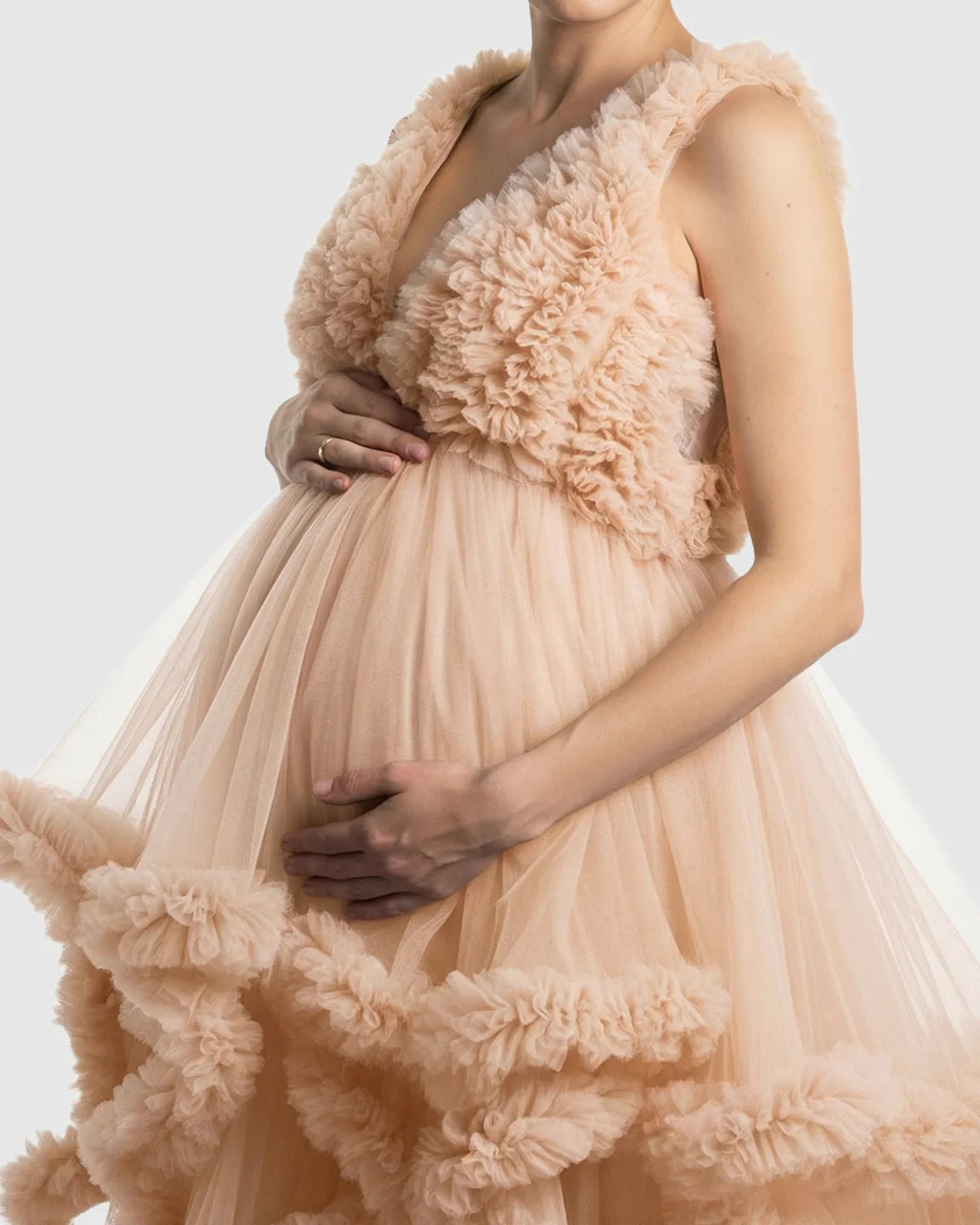 Ruffled Bodice Multi-Layer Mesh Pleats Maternity Gown