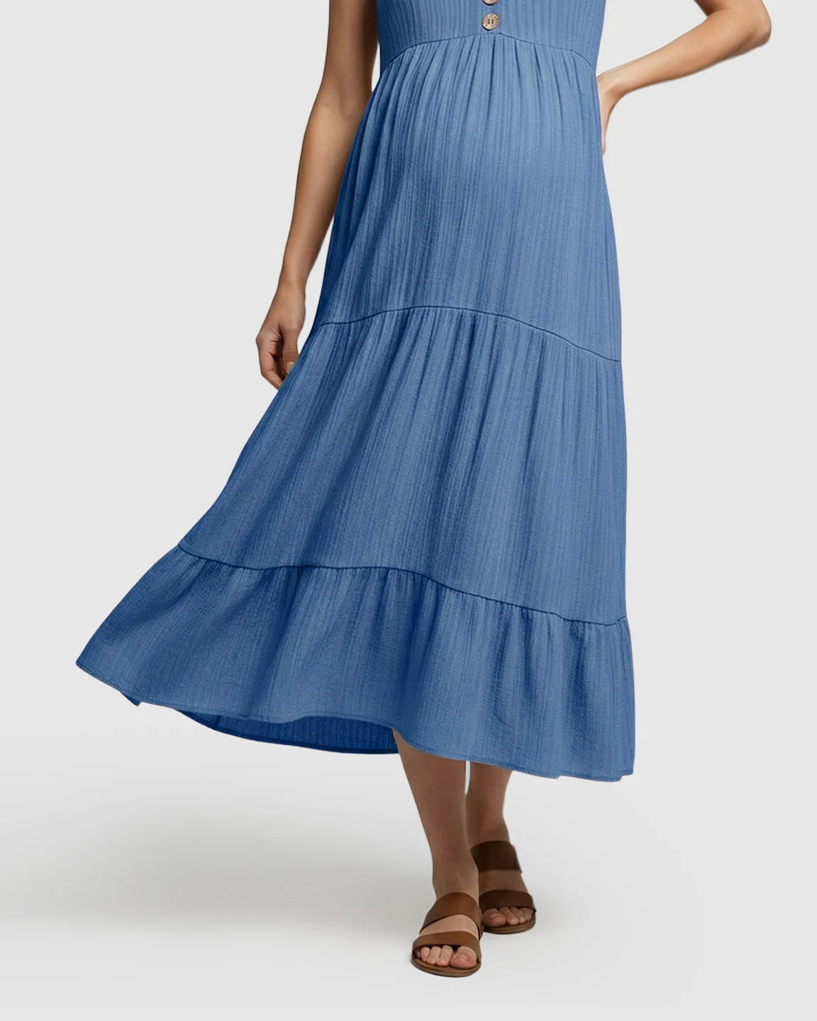 Button-Front Detail Tiered Maternity Midi Dress