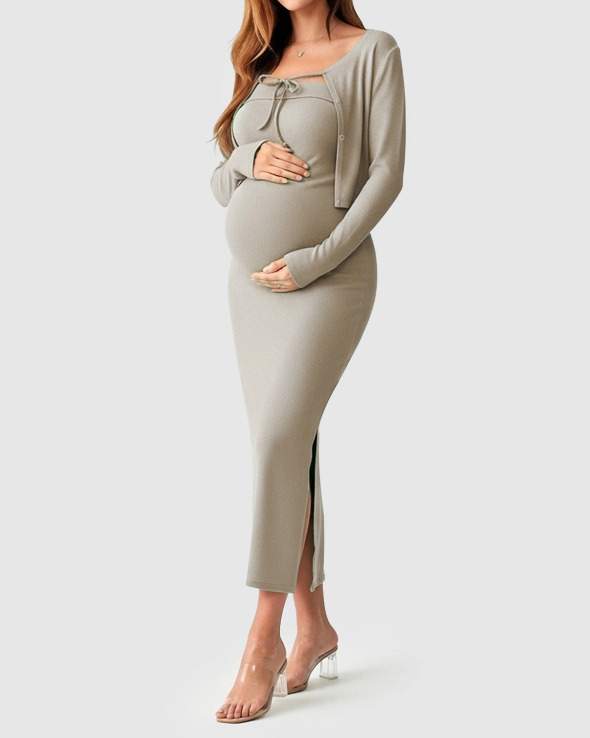 Knitted Two-Piece Bodycon Maternity Midi Dress Set