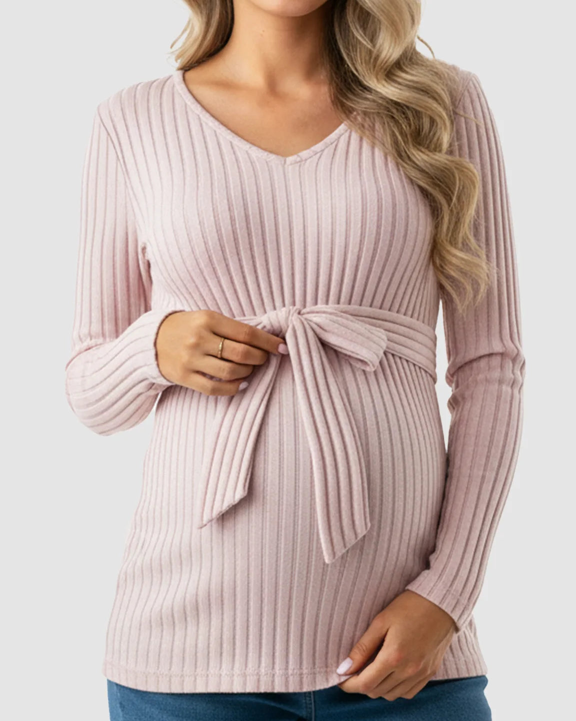 Soft Ribbed Knit Belted Long Sleeve Maternity Top