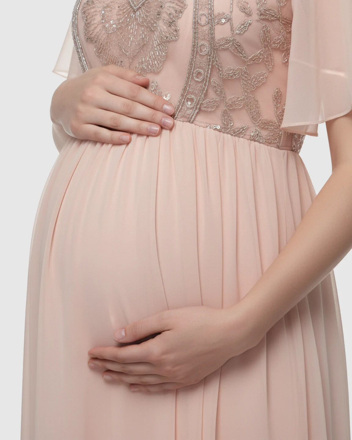 Embroidered Bodice Long Train Maternity Photoshoot Gown