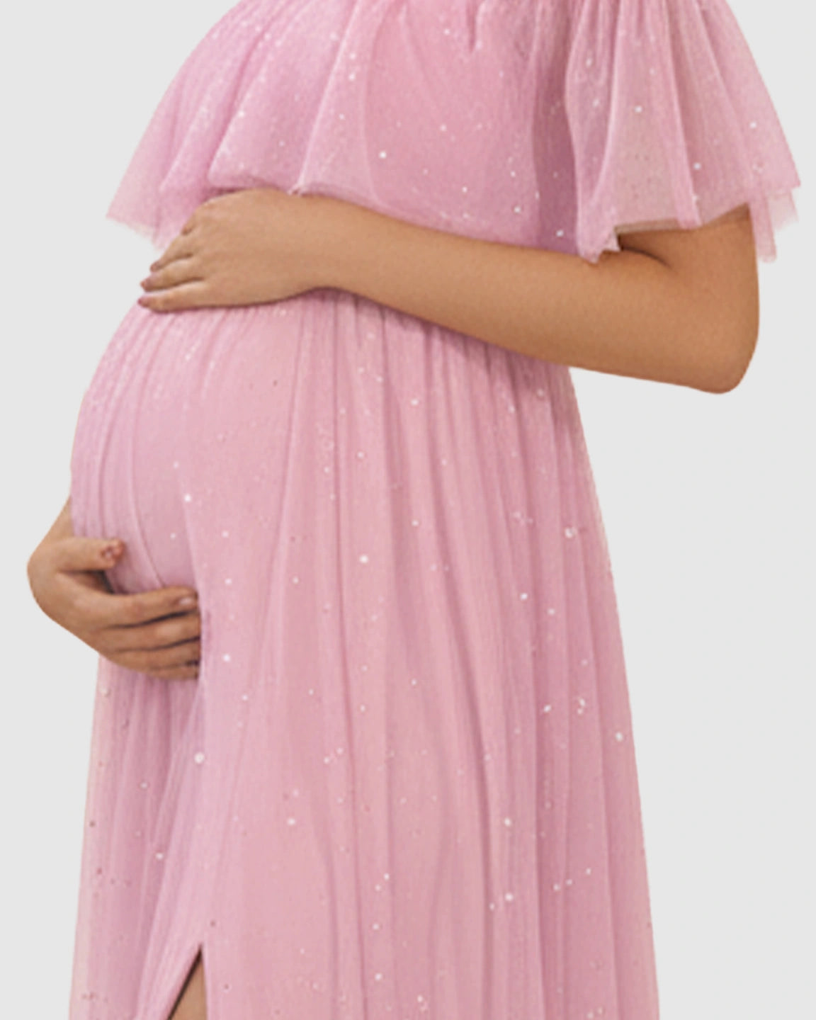 Off-Shoulder Mesh Empire Waist Maternity Maxi Dress