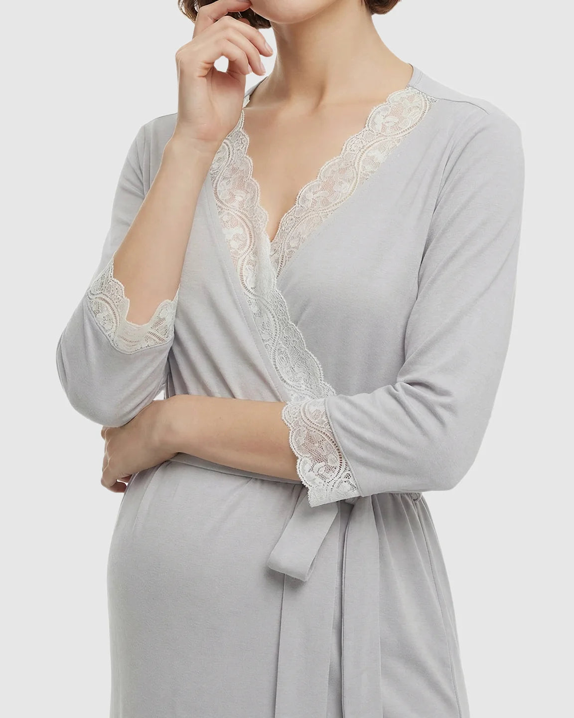 Lace Trim Wrap Maternity Robe