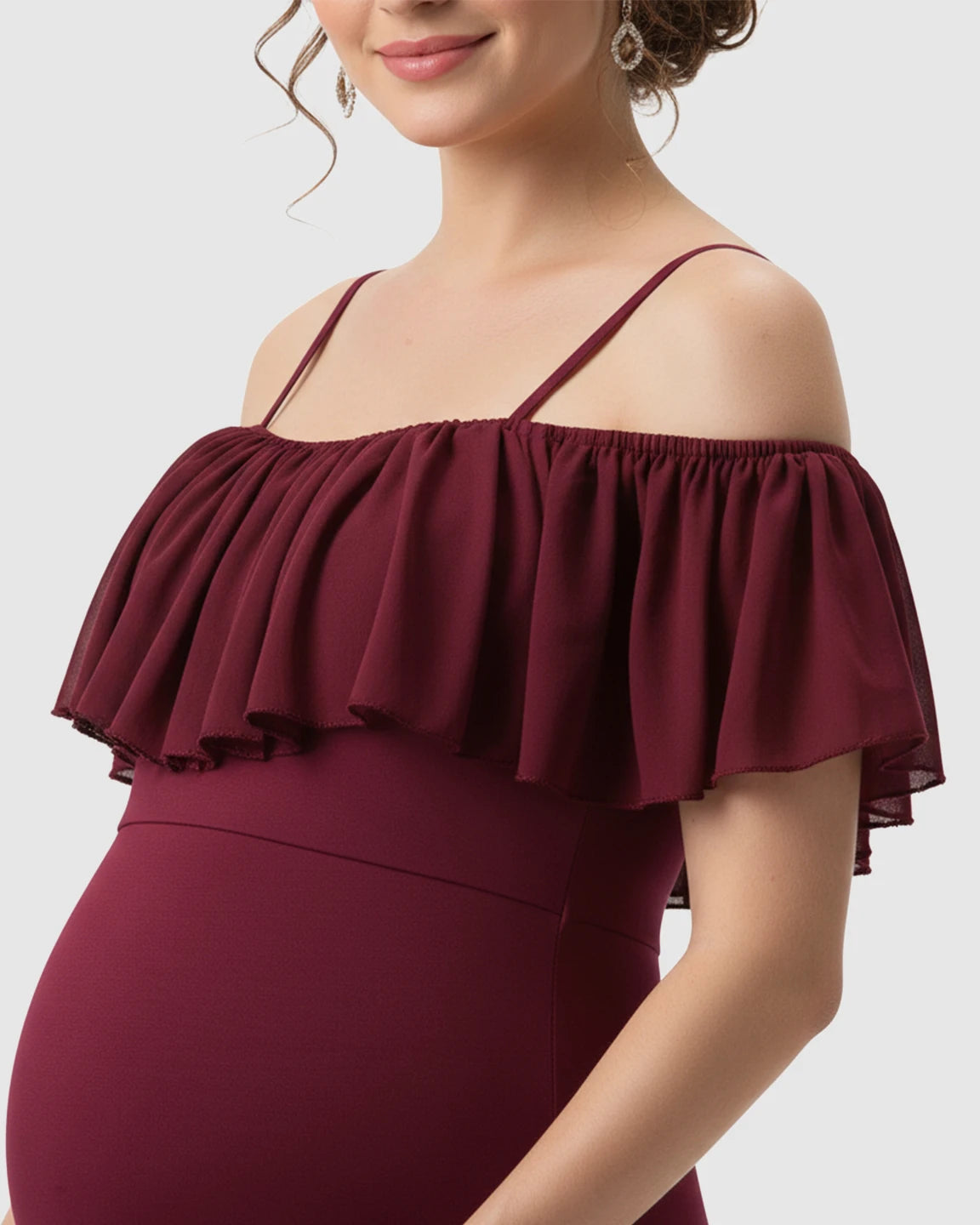 Ruffled Off-Shoulder Mermaid Train Maternity Photoshoot Dress