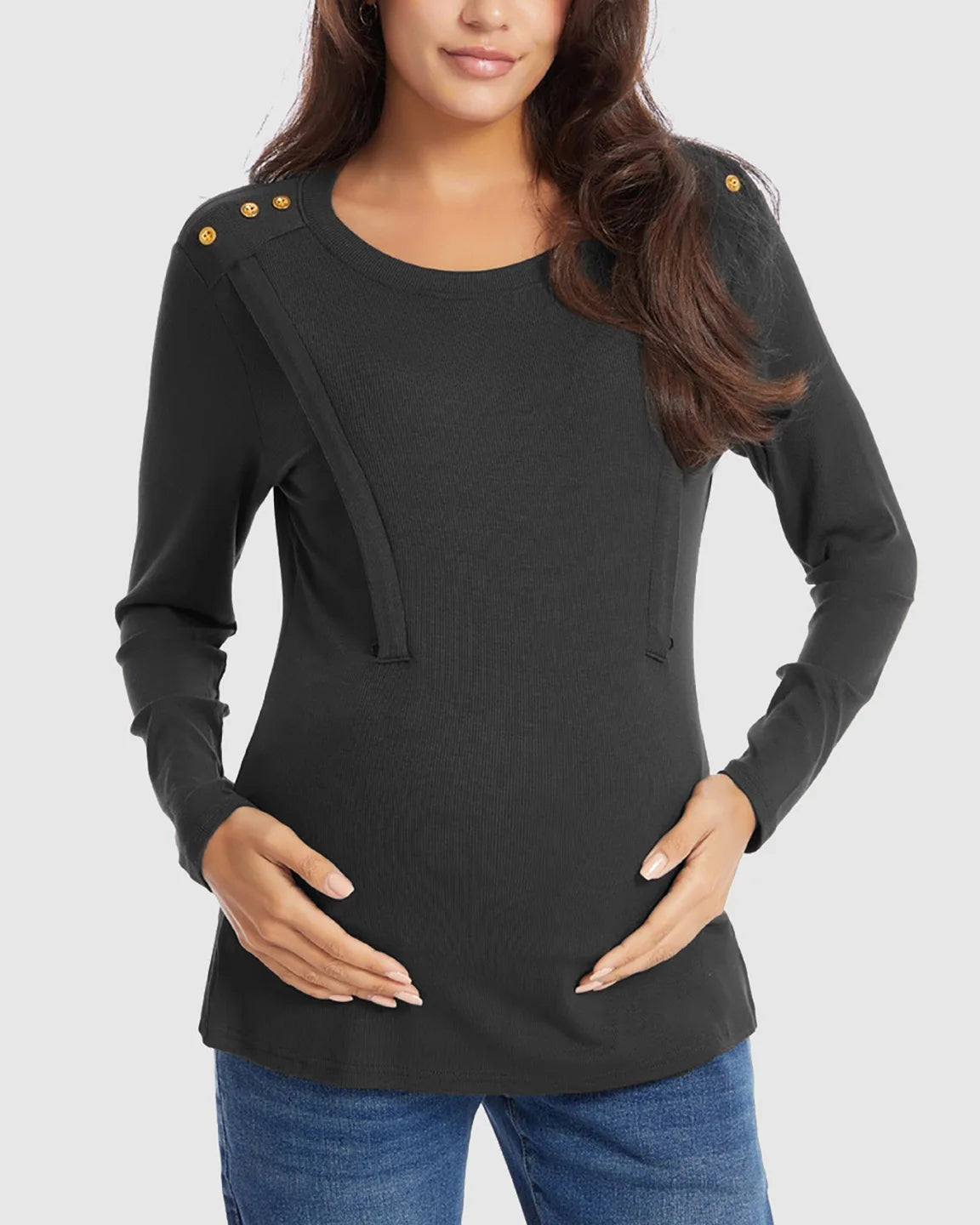 Ribbed Horizontal Zip-Feed Fitted Maternity Shirt