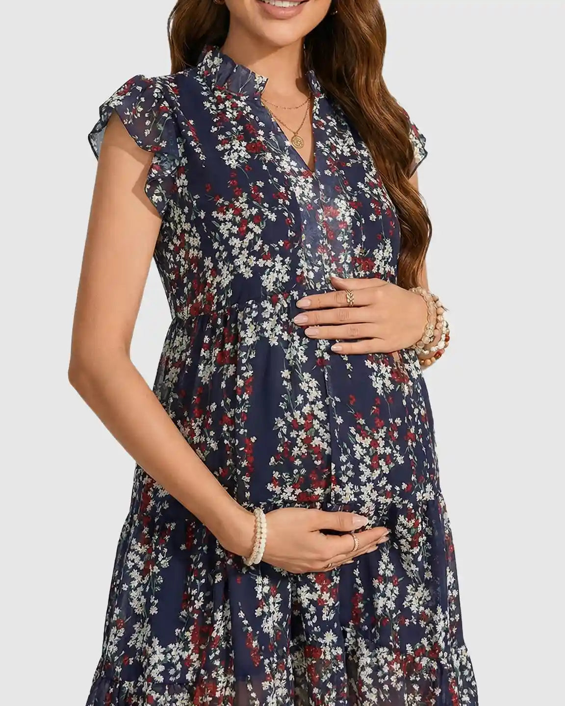 Flutter Sleeves Floral Print Maternity Dress