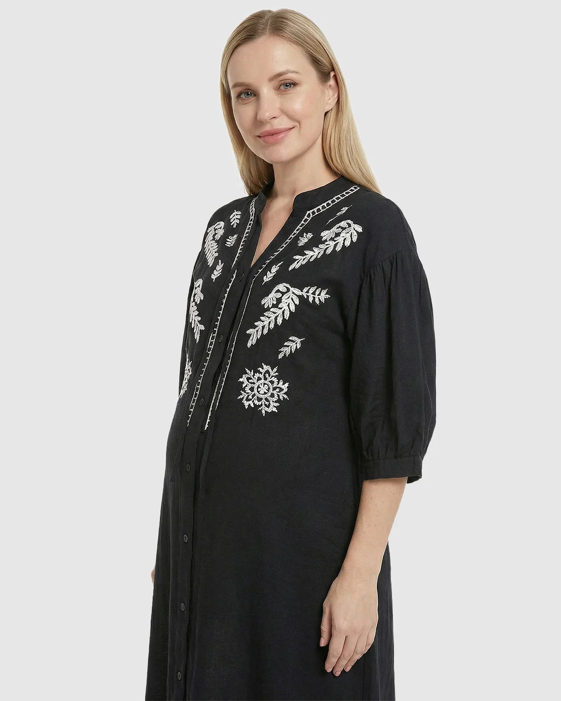 Embroidered Mandarin Collar Loose Maternity Midi Dress