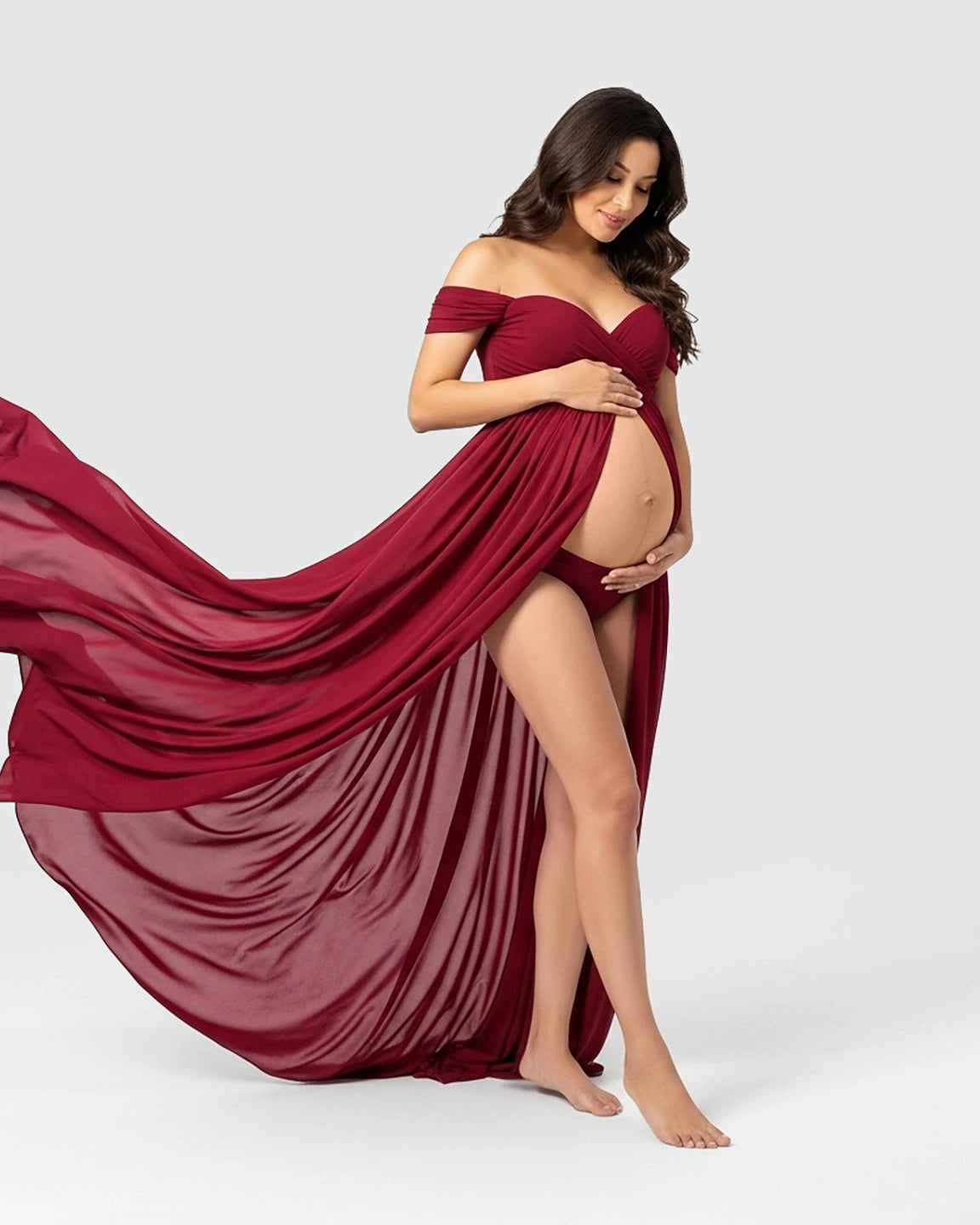 Off Shoulder Laced Flowing Maternity Maxi Dress