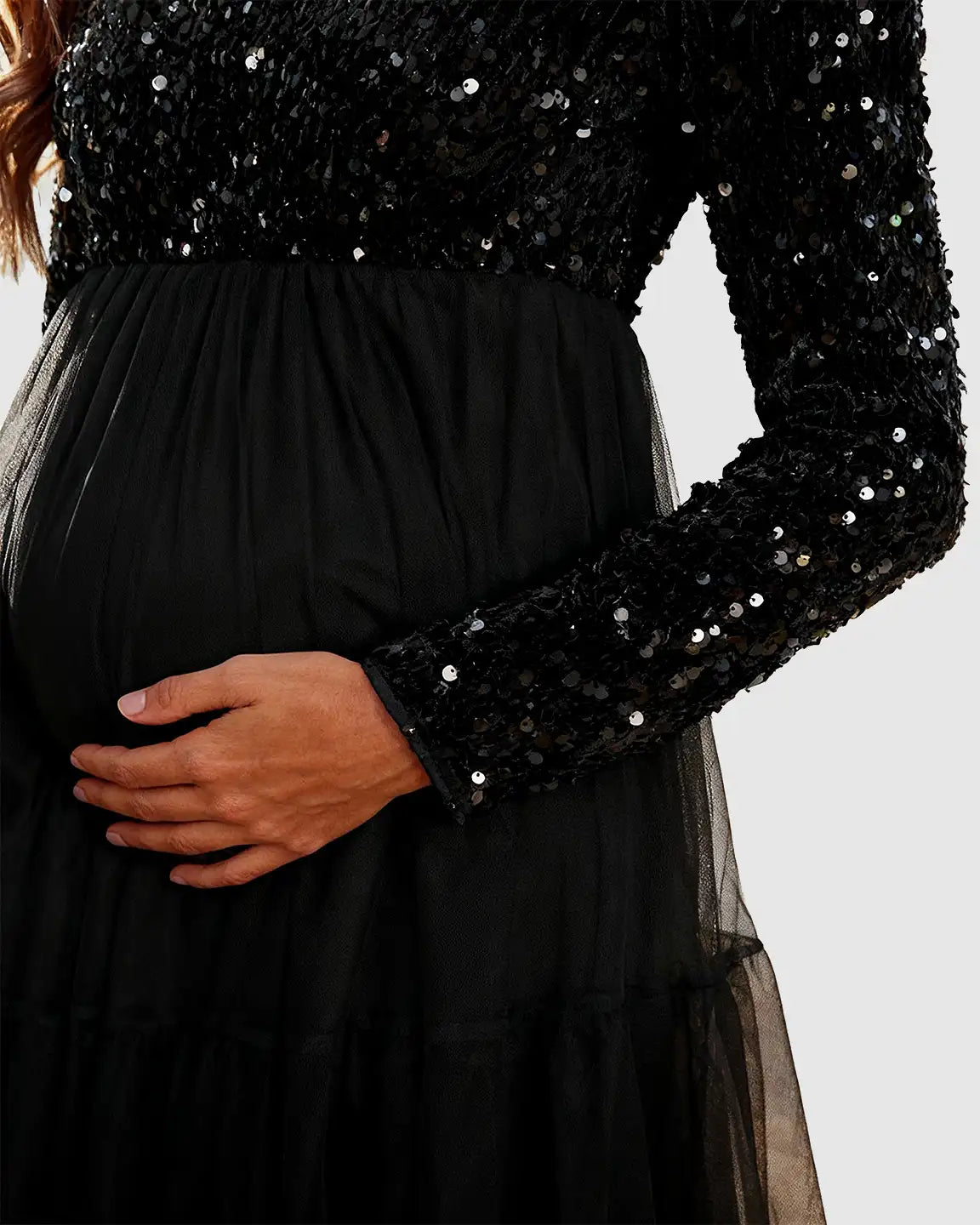 Sequin Long-Sleeve Empire Waist Maternity Maxi Dress