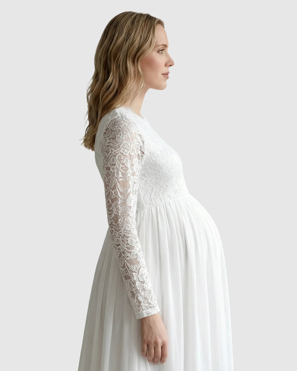 Lace Bodice Flowy Long-Sleeve Maternity Gown