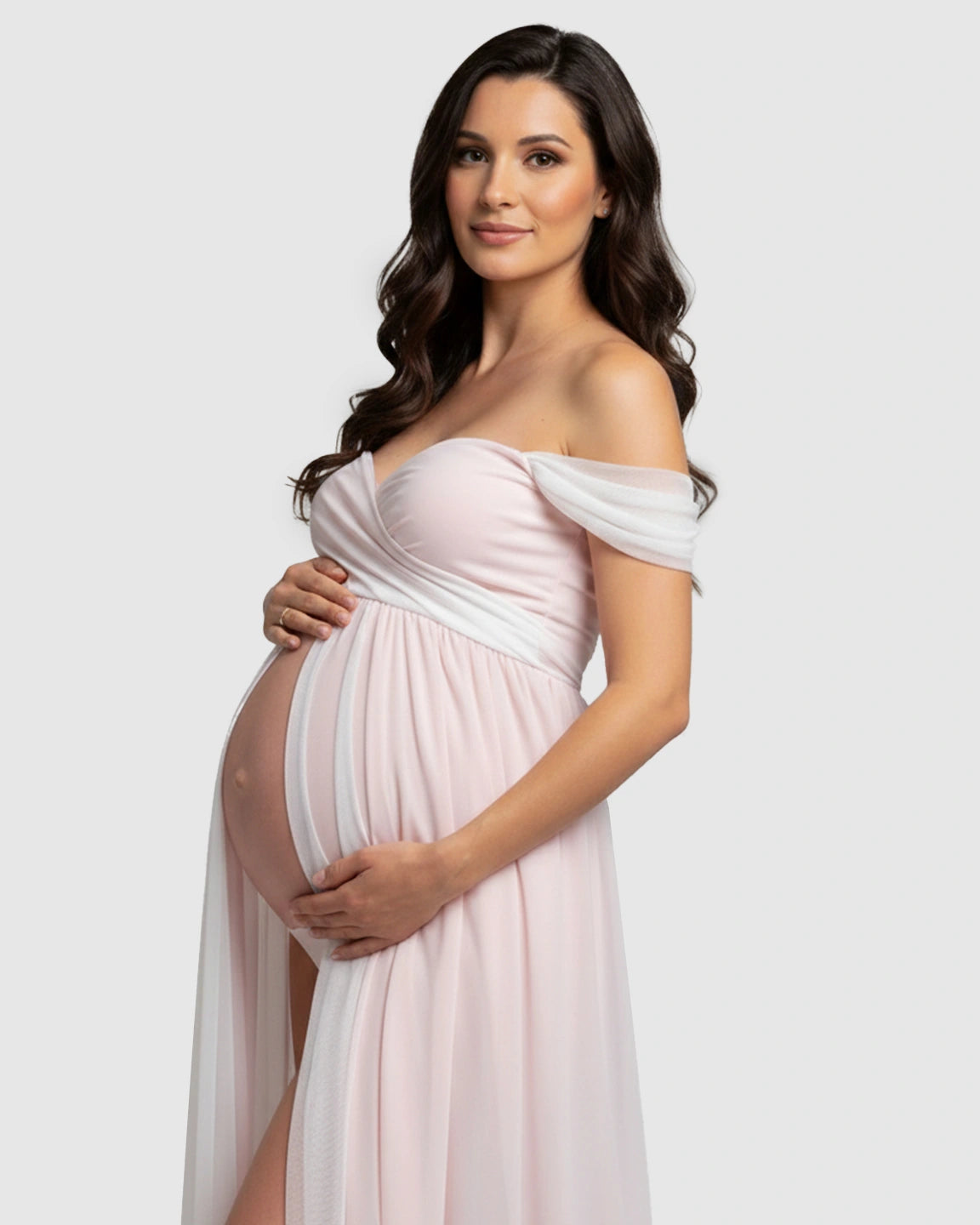 Off-Shoulder Slit Floor-Length Maternity Gown