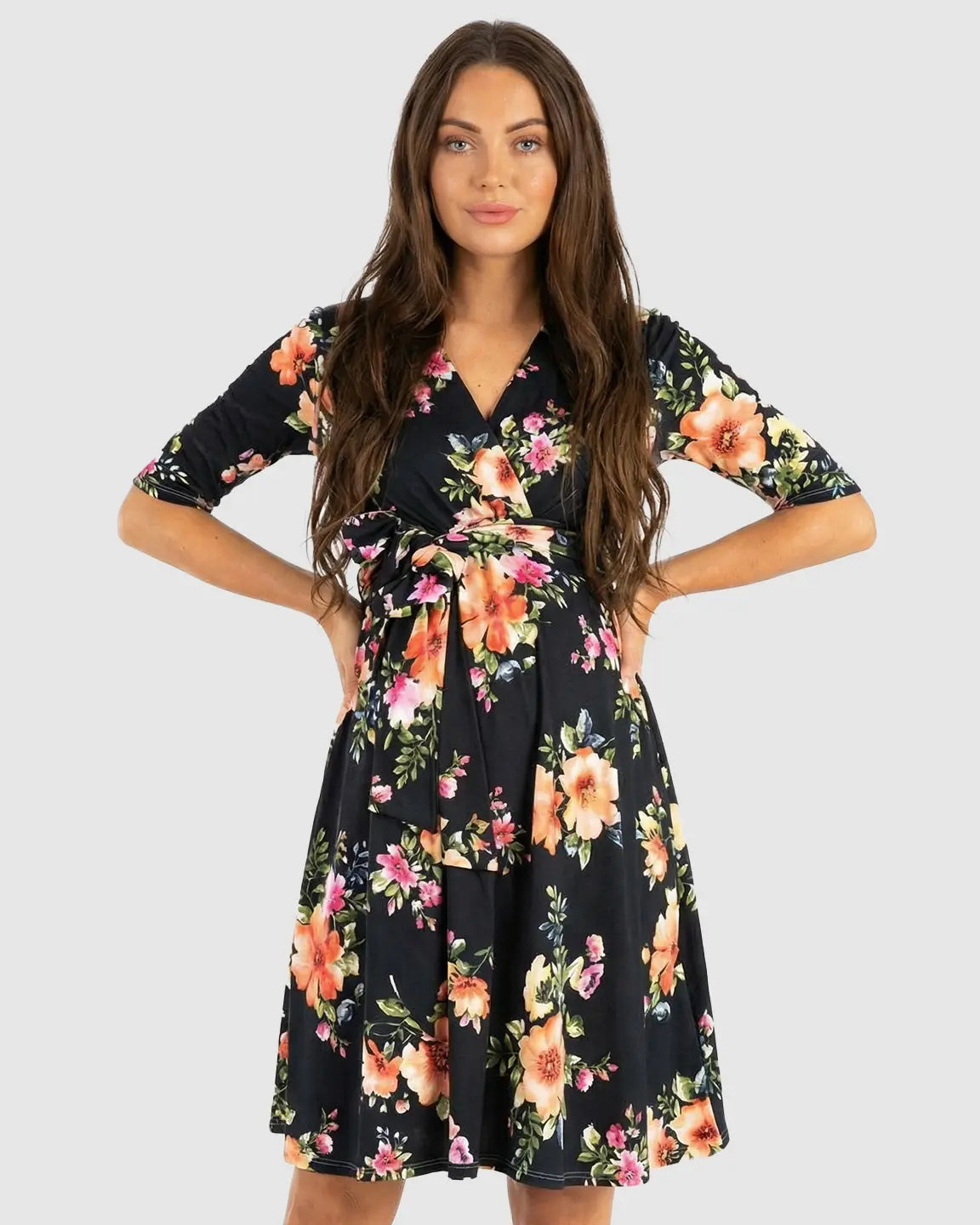 Tie-Waist Retro Floral Print Maternity Dress