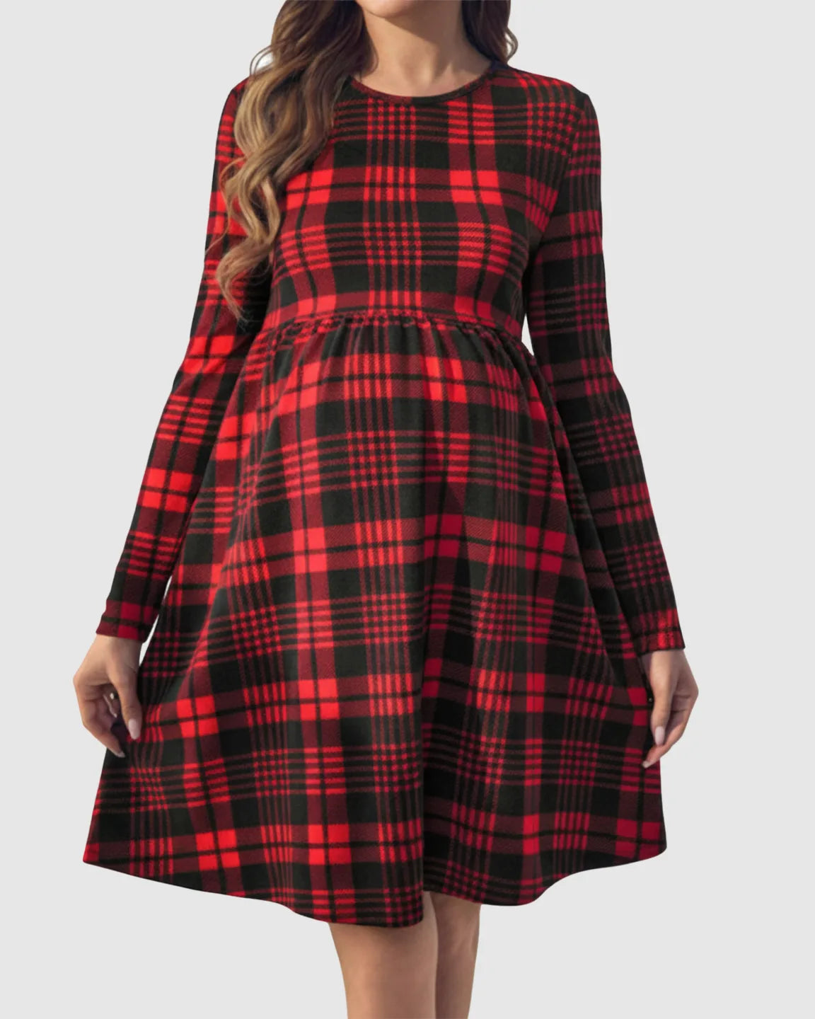 Red & Black Plaid Pattern A-Line Maternity Short Dress
