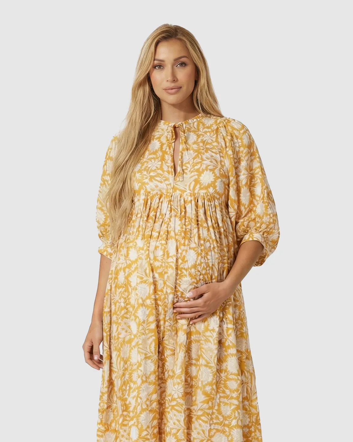 Gathered Waist Floral Print Maternity Midi Dress
