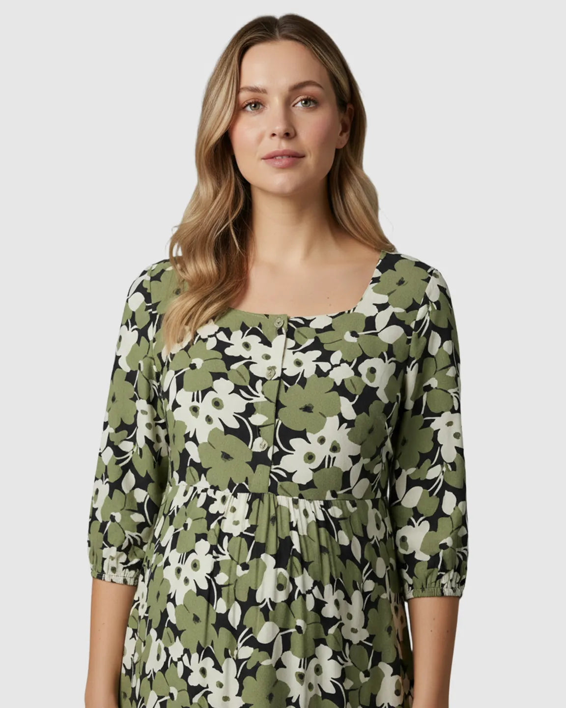 Button-Front Square Neck Maternity Midi Dress